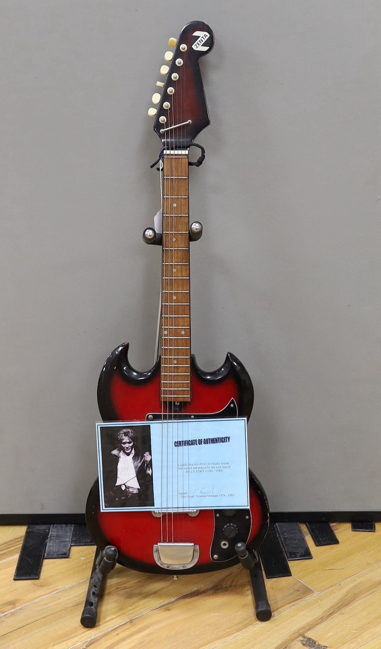 Billy Fury interest; a Zenta electric guitar, understood to be the only electric guitar owned by Billy Fury, together with a certificate of authenticity signed by Tony Read, Fury’s personal manager from 1978 to 1983